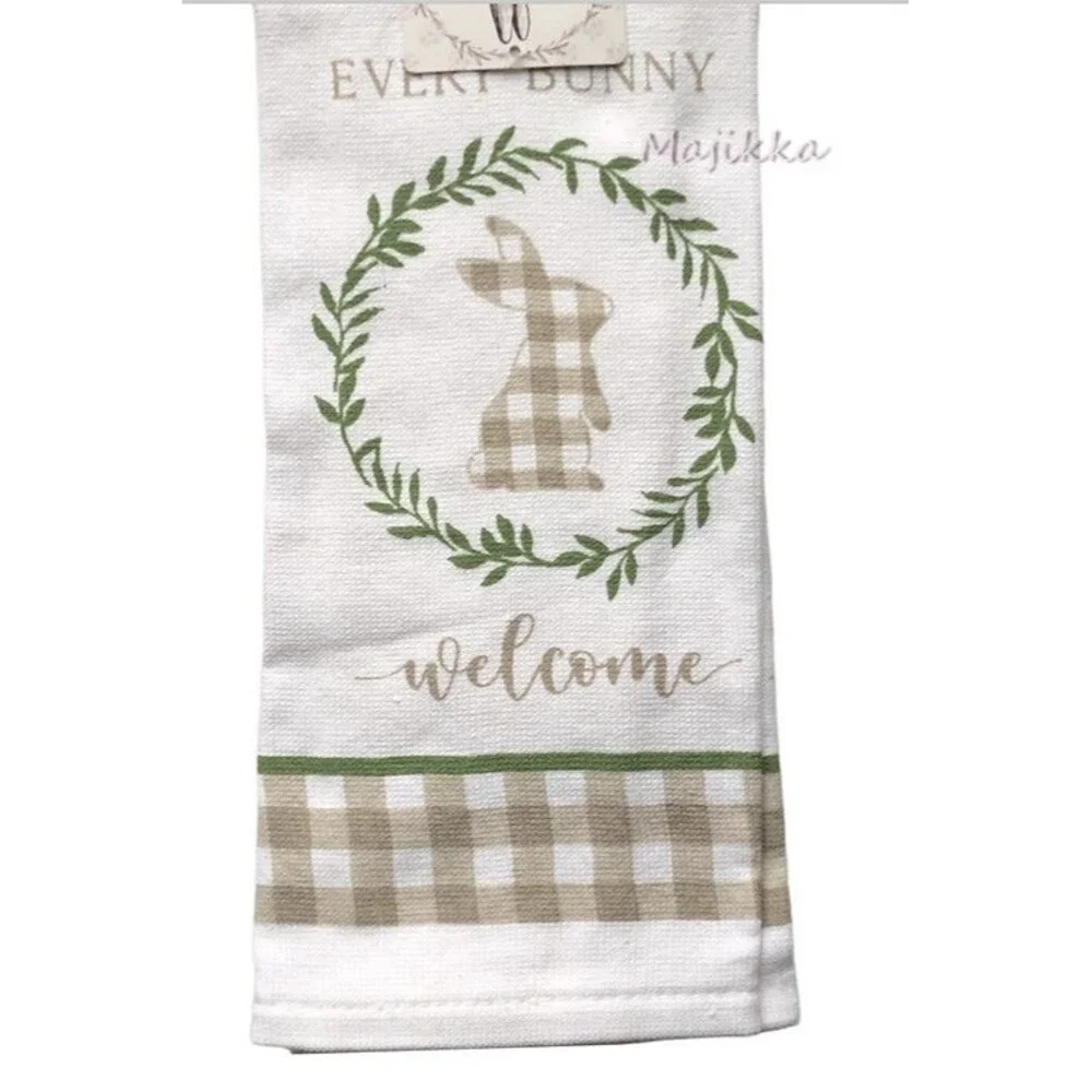 Easter Bunny Kitchen Dish Towel Potholder Oven Mitt Set of 3 Tan Buffalo Check